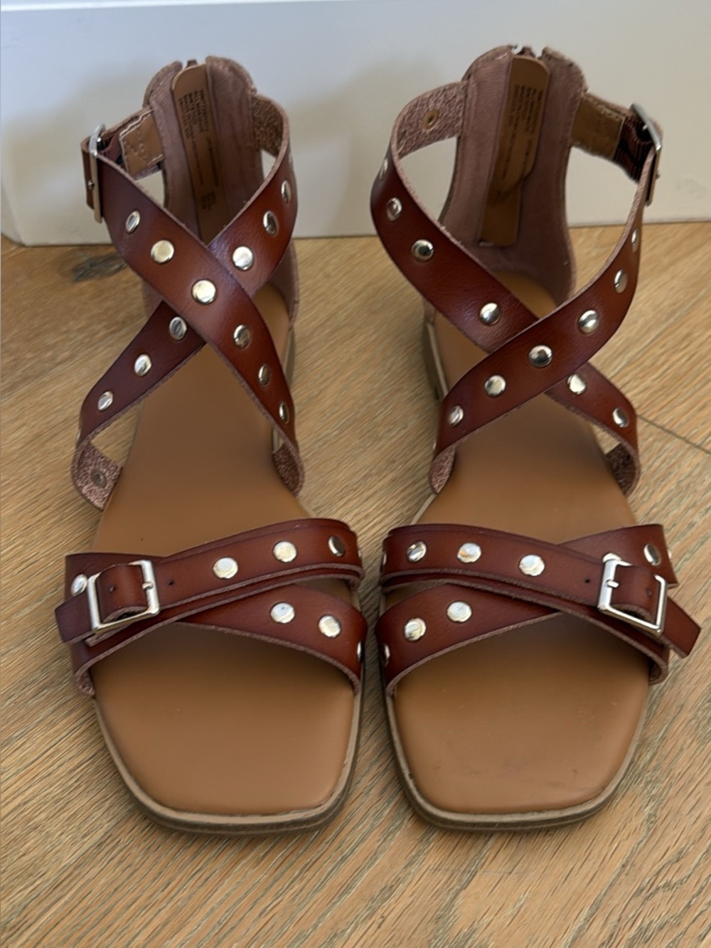 Time and Tru Brown Studded Crisscross Buckle Sandals